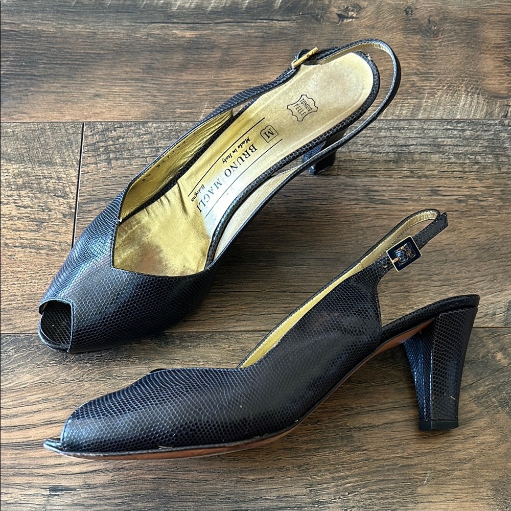 Bruno Magli Dark Navy Slingback Heels with Caviar Leather and Peep-Toe Design